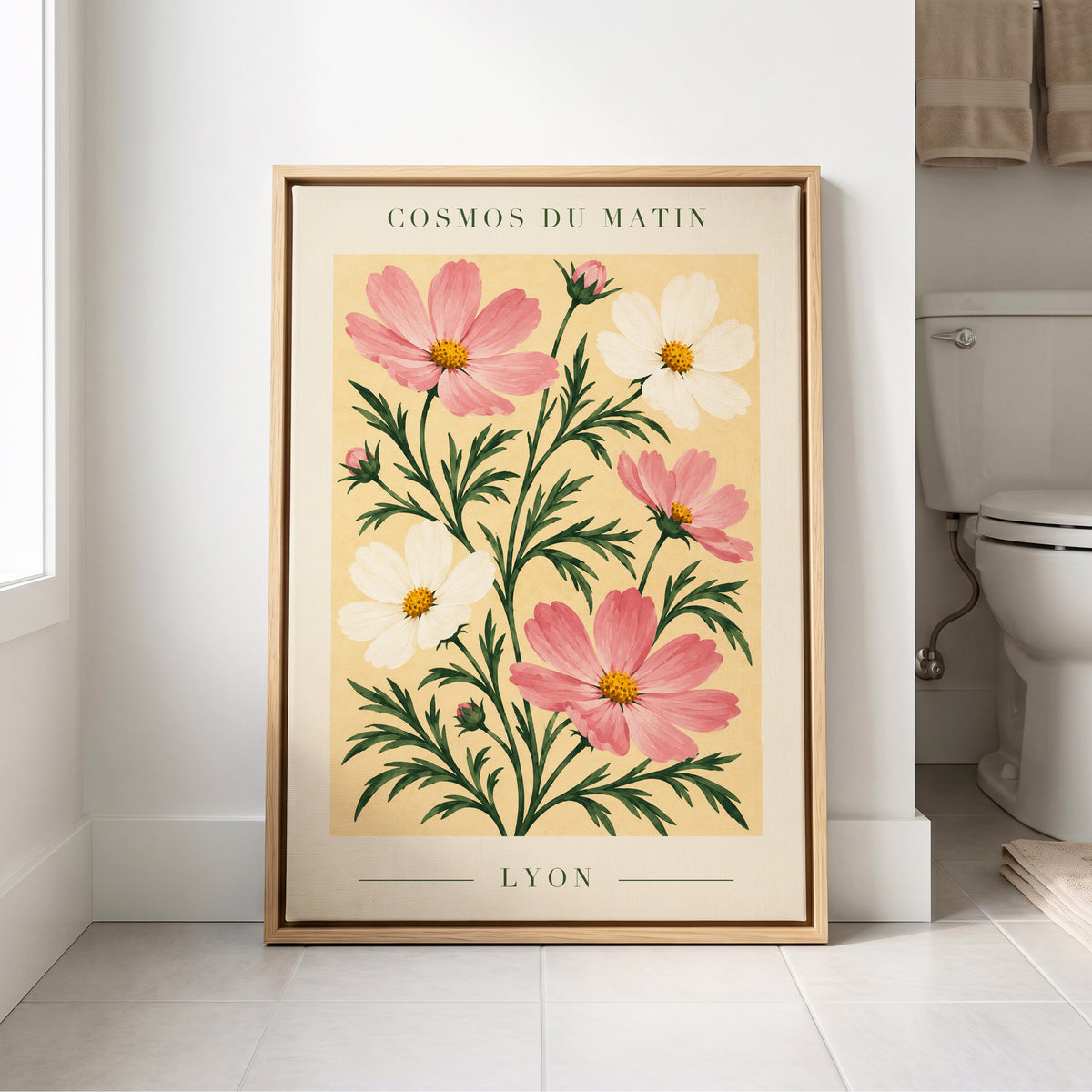 Cosmos at First Light, pink, white, green floral wall art displayed in a styled interior, gallery view 8