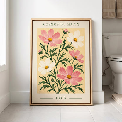 Cosmos at First Light, pink, white, green floral wall art displayed in a styled interior, gallery view 8
