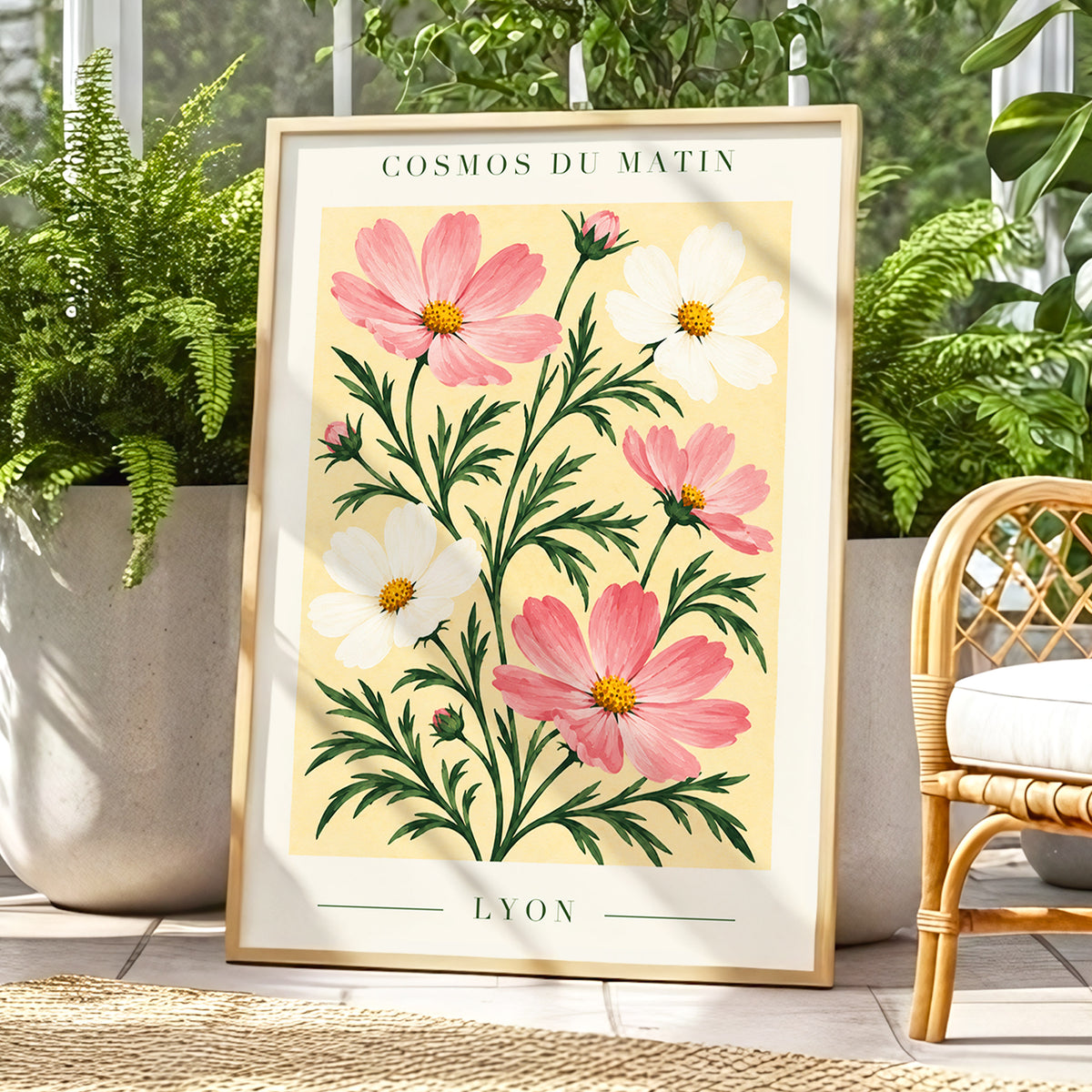 Cosmos at First Light, pink, white, green floral wall art displayed in a styled interior, gallery view 9