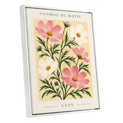Cosmos at First Light, pink, white, green floral wall art shown as a white framed canvas wall art