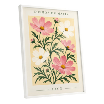 Cosmos at First Light, pink, white, green floral wall art shown as a white framed poster wall art print