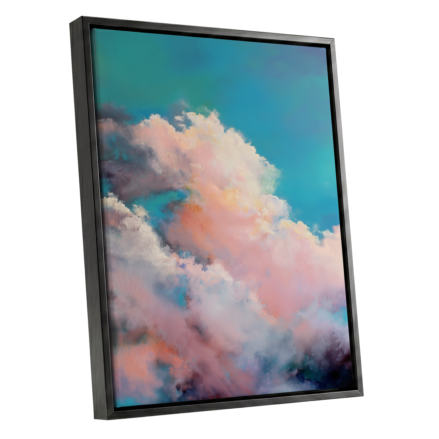 Cottonlight Skies, blue, pink, white nature wall art shown as a black framed canvas wall art