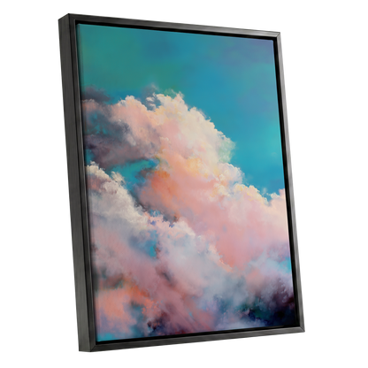 Cottonlight Skies, blue, pink, white nature wall art shown as a black framed canvas wall art