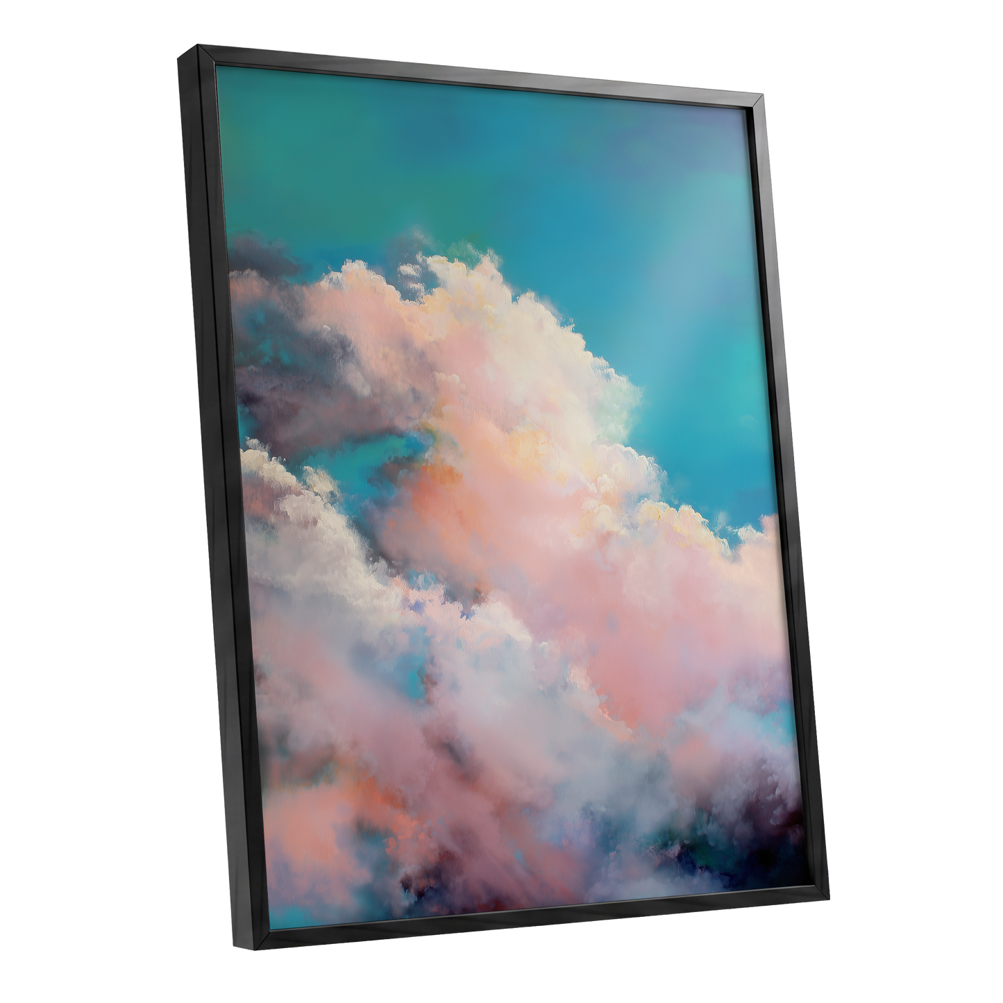 Cottonlight Skies, blue, pink, white nature wall art shown as a black framed poster wall art print