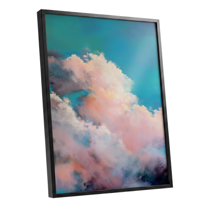 Cottonlight Skies, blue, pink, white nature wall art shown as a black framed poster wall art print