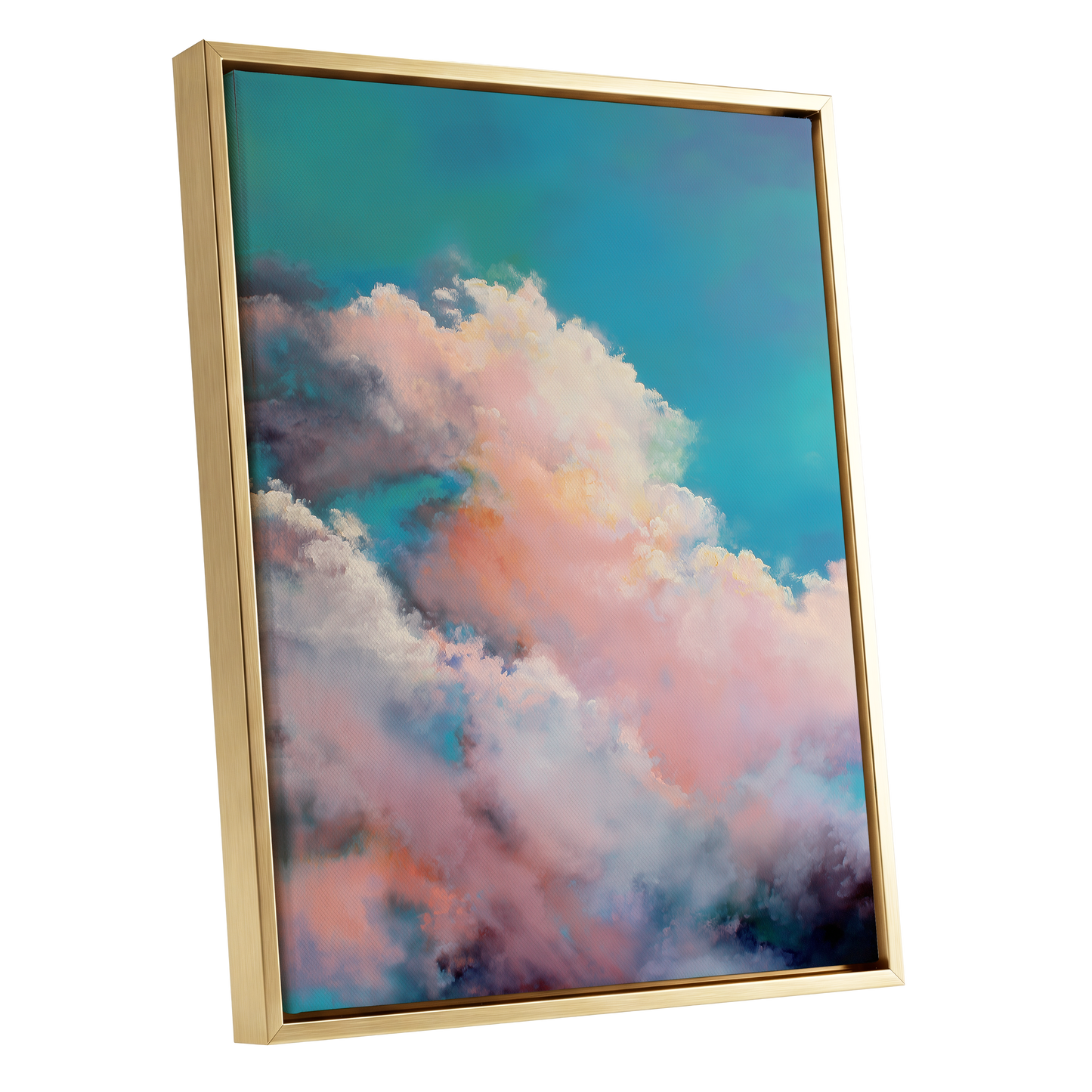 Cottonlight Skies, blue, pink, white nature wall art shown as a gold framed canvas wall art