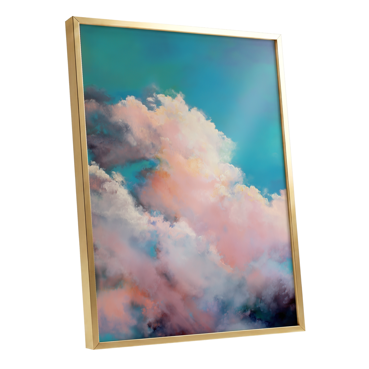 Cottonlight Skies, blue, pink, white nature wall art shown as a gold framed poster wall art print
