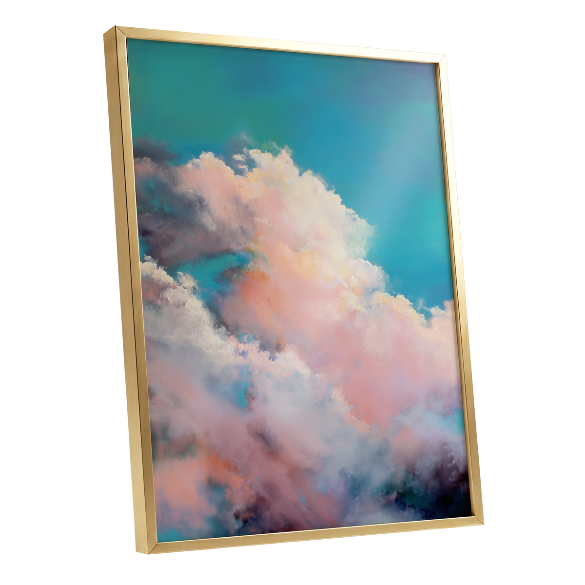 Cottonlight Skies, blue, pink, white nature wall art shown as a gold framed poster wall art print