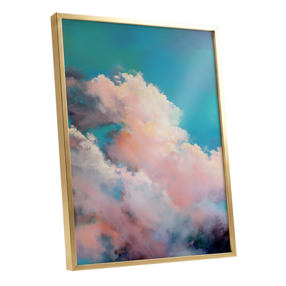 Cottonlight Skies, blue, pink, white nature wall art shown as a gold framed poster wall art print