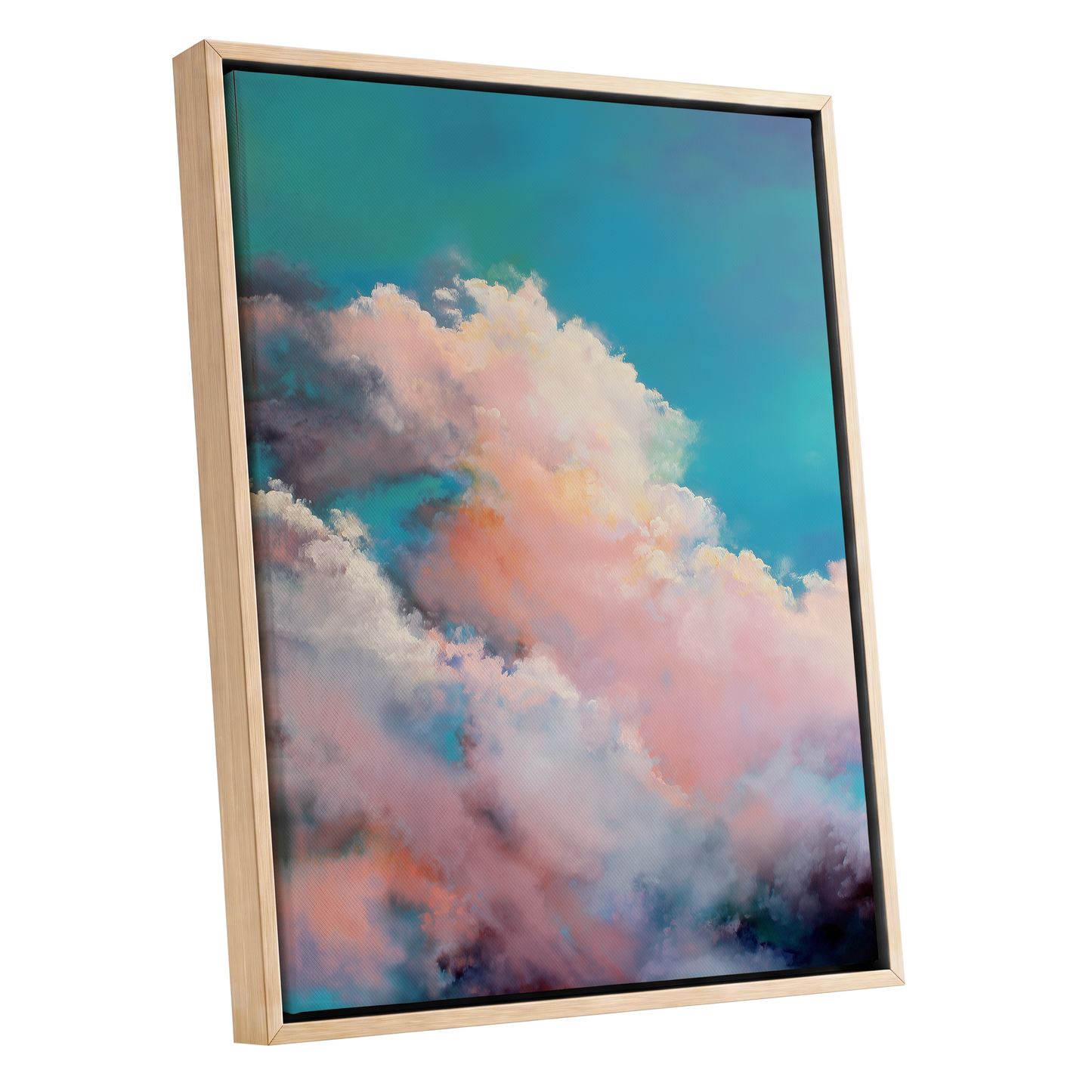 Cottonlight Skies, blue, pink, white nature wall art shown as a oak framed canvas wall art