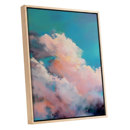 Cottonlight Skies, blue, pink, white nature wall art shown as a oak framed canvas wall art