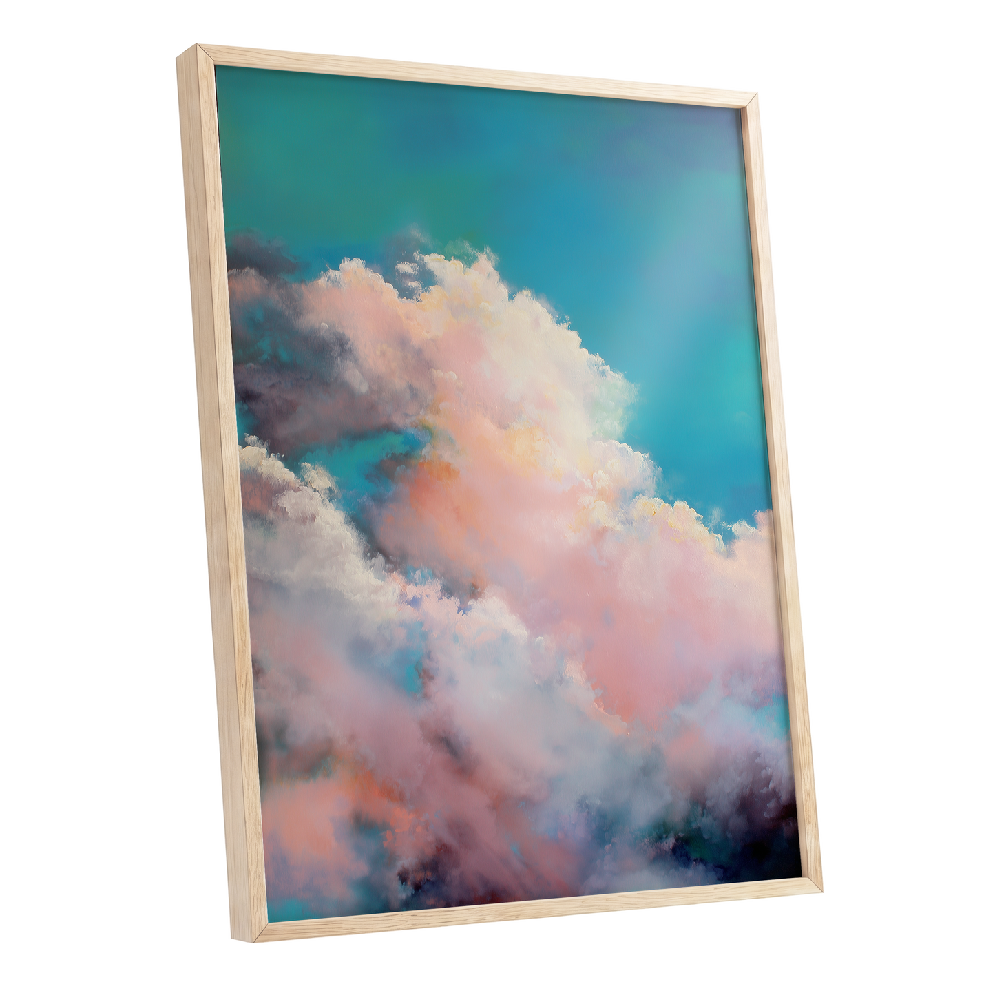 Cottonlight Skies, blue, pink, white nature wall art shown as a oak framed poster wall art print