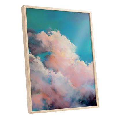 Cottonlight Skies, blue, pink, white nature wall art shown as a oak framed poster wall art print