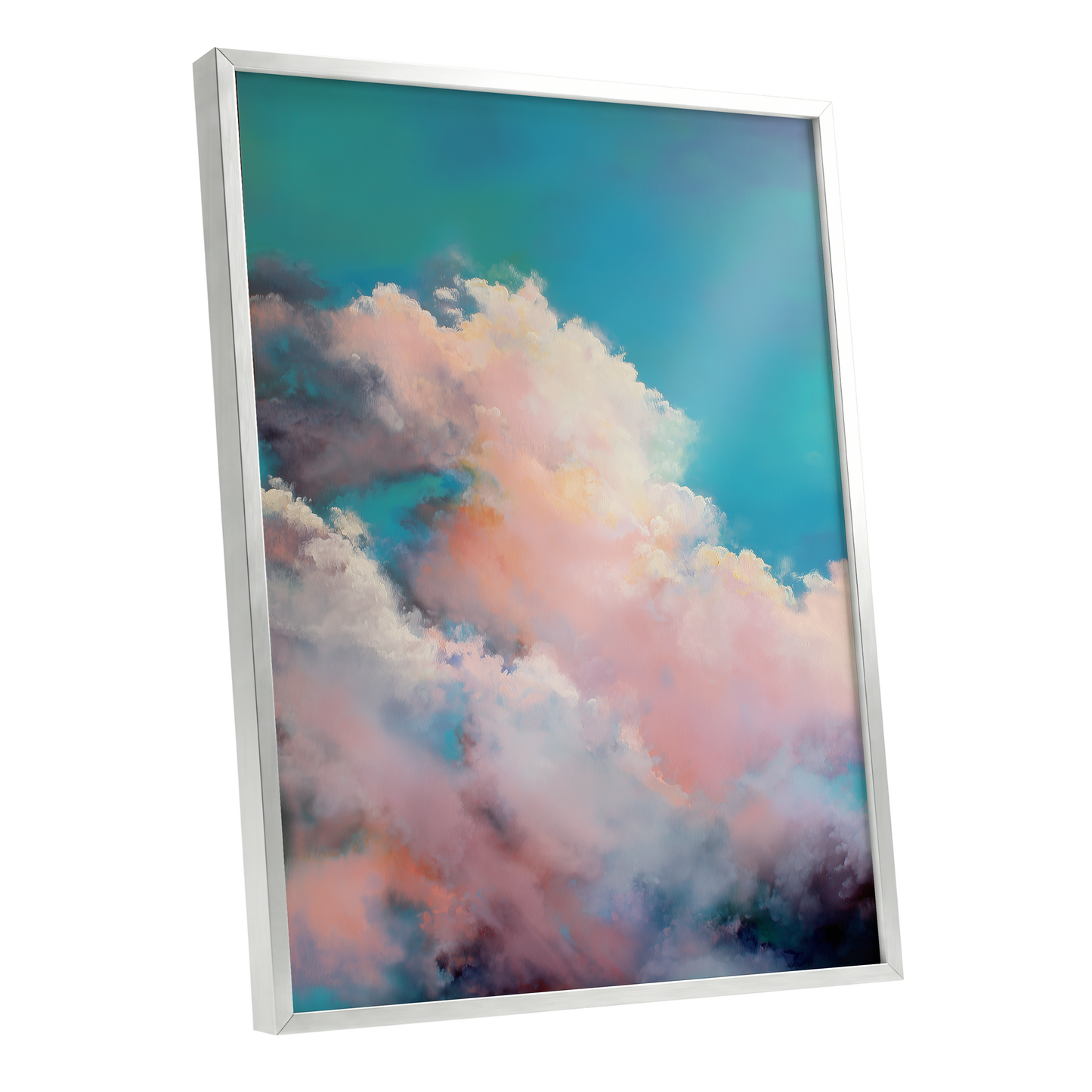 Cottonlight Skies, blue, pink, white nature wall art shown as a silver framed poster wall art print