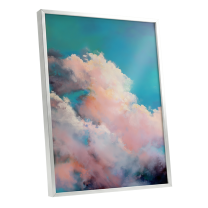 Cottonlight Skies, blue, pink, white nature wall art shown as a silver framed poster wall art print