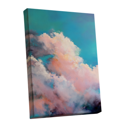 Cottonlight Skies, blue, pink, white nature wall art shown as a stretched canvas wall art