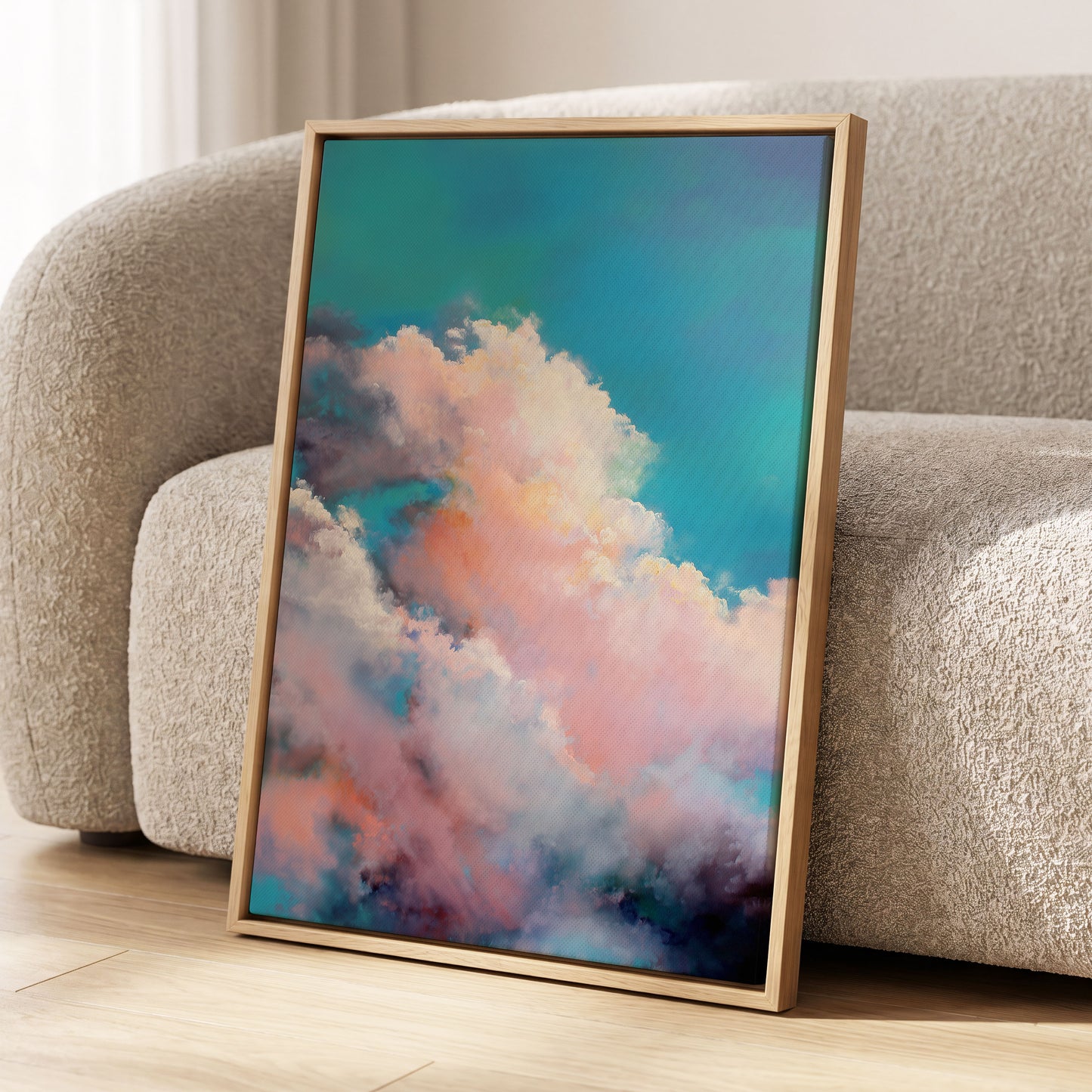 Cottonlight Skies, blue, pink, white nature wall art displayed in a styled interior, gallery view 4