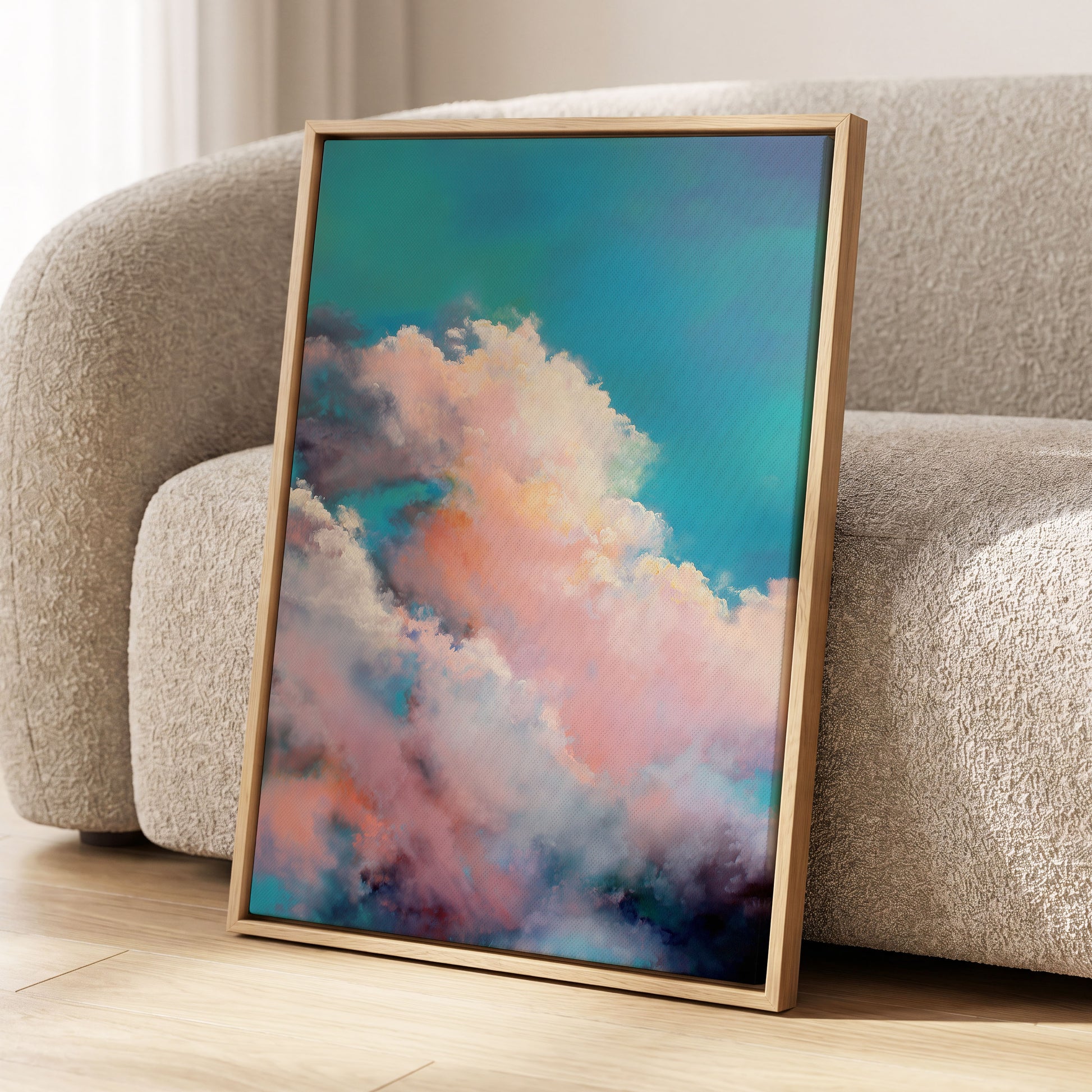 Cottonlight Skies, blue, pink, white nature wall art displayed in a styled interior, gallery view 4
