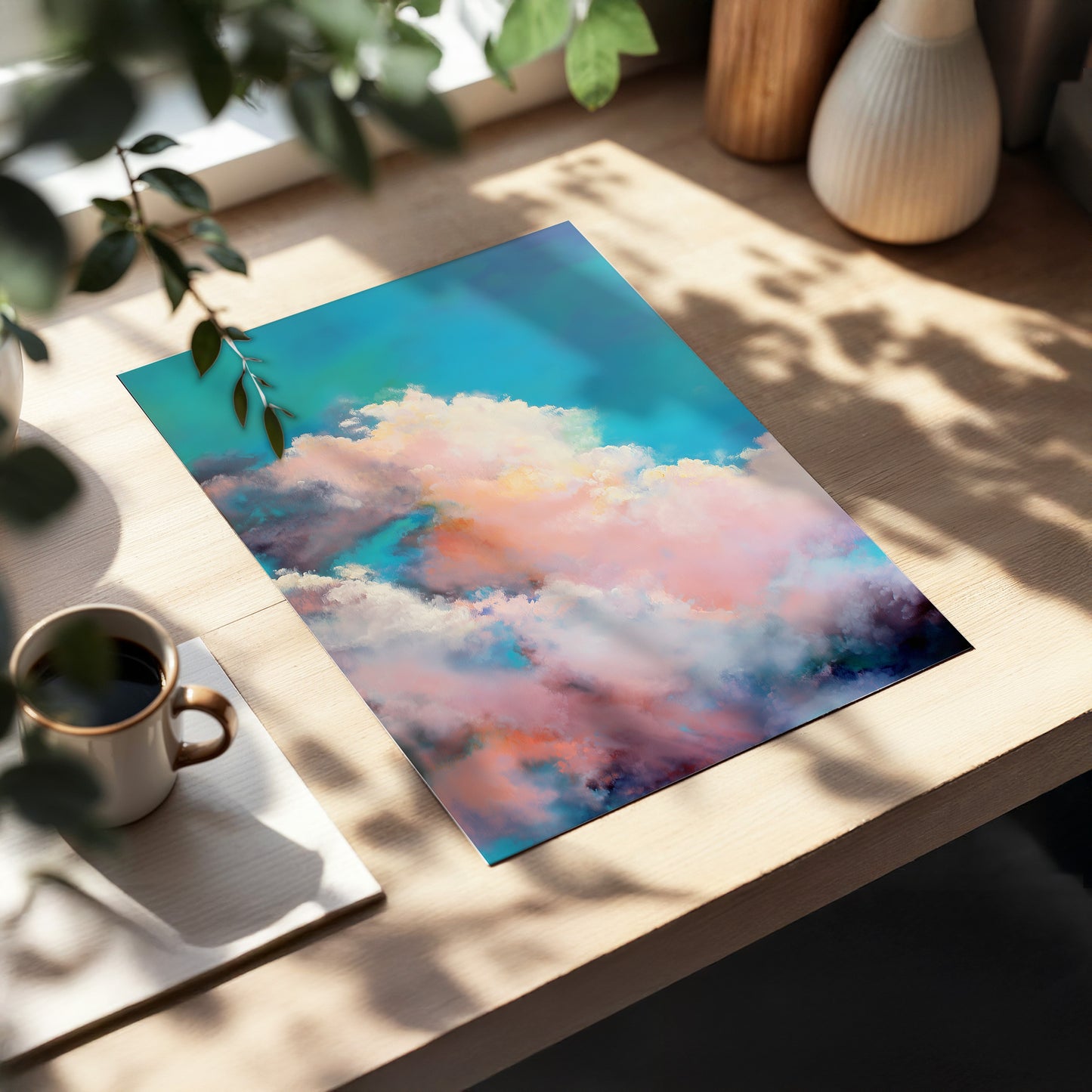 Cottonlight Skies, blue, pink, white nature wall art displayed in a styled interior, gallery view 5