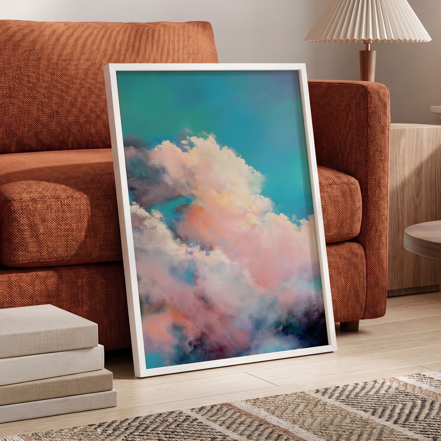 Cottonlight Skies, blue, pink, white nature wall art displayed in a styled interior, gallery view 6