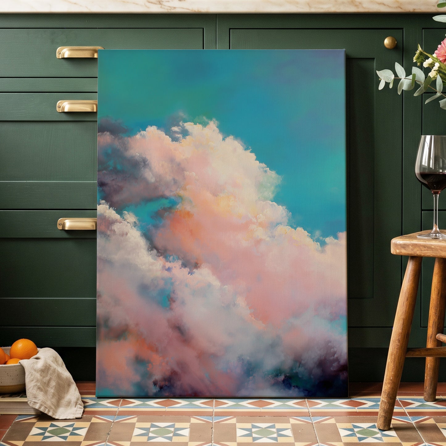 Cottonlight Skies, blue, pink, white nature wall art displayed in a styled interior, gallery view 7
