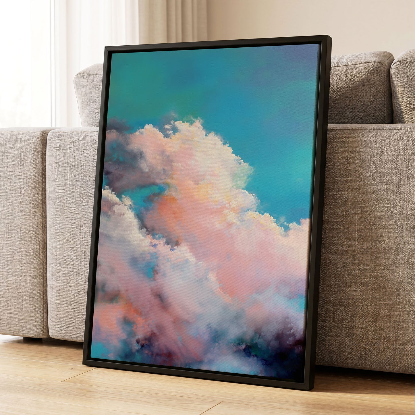 Cottonlight Skies, blue, pink, white nature wall art displayed in a styled interior, gallery view 8