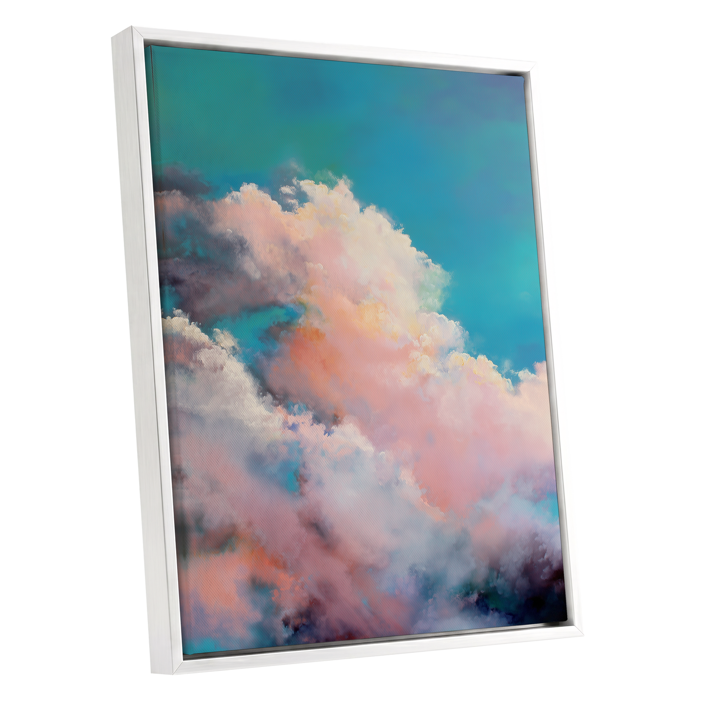 Cottonlight Skies, blue, pink, white nature wall art shown as a white framed canvas wall art
