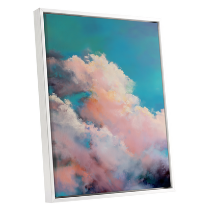 Cottonlight Skies, blue, pink, white nature wall art shown as a white framed canvas wall art