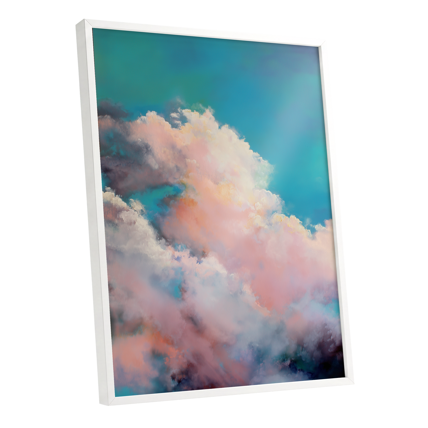 Cottonlight Skies, blue, pink, white nature wall art shown as a white framed poster wall art print