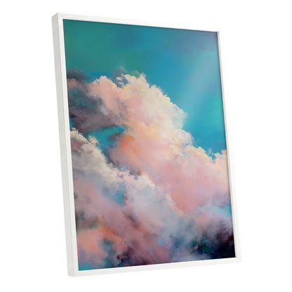 Cottonlight Skies, blue, pink, white nature wall art shown as a white framed poster wall art print