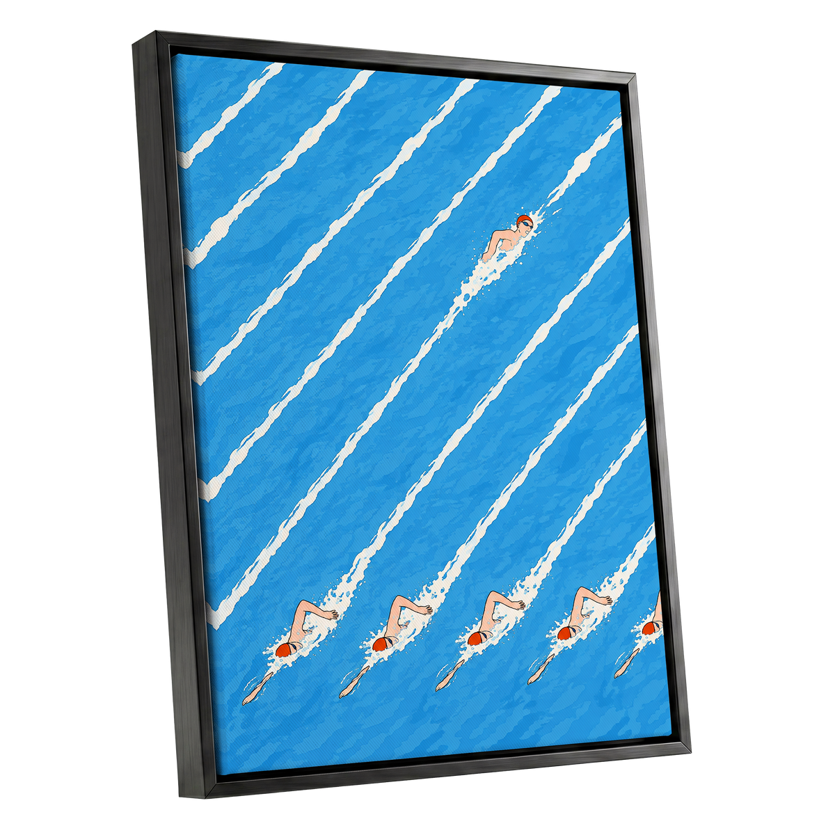Countercurrent, blue, white, orange abstract wall art shown as a black framed canvas wall art