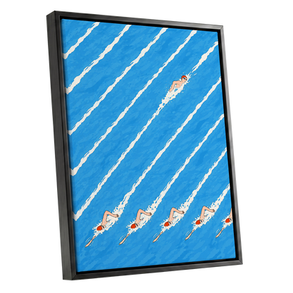 Countercurrent, blue, white, orange abstract wall art shown as a black framed canvas wall art