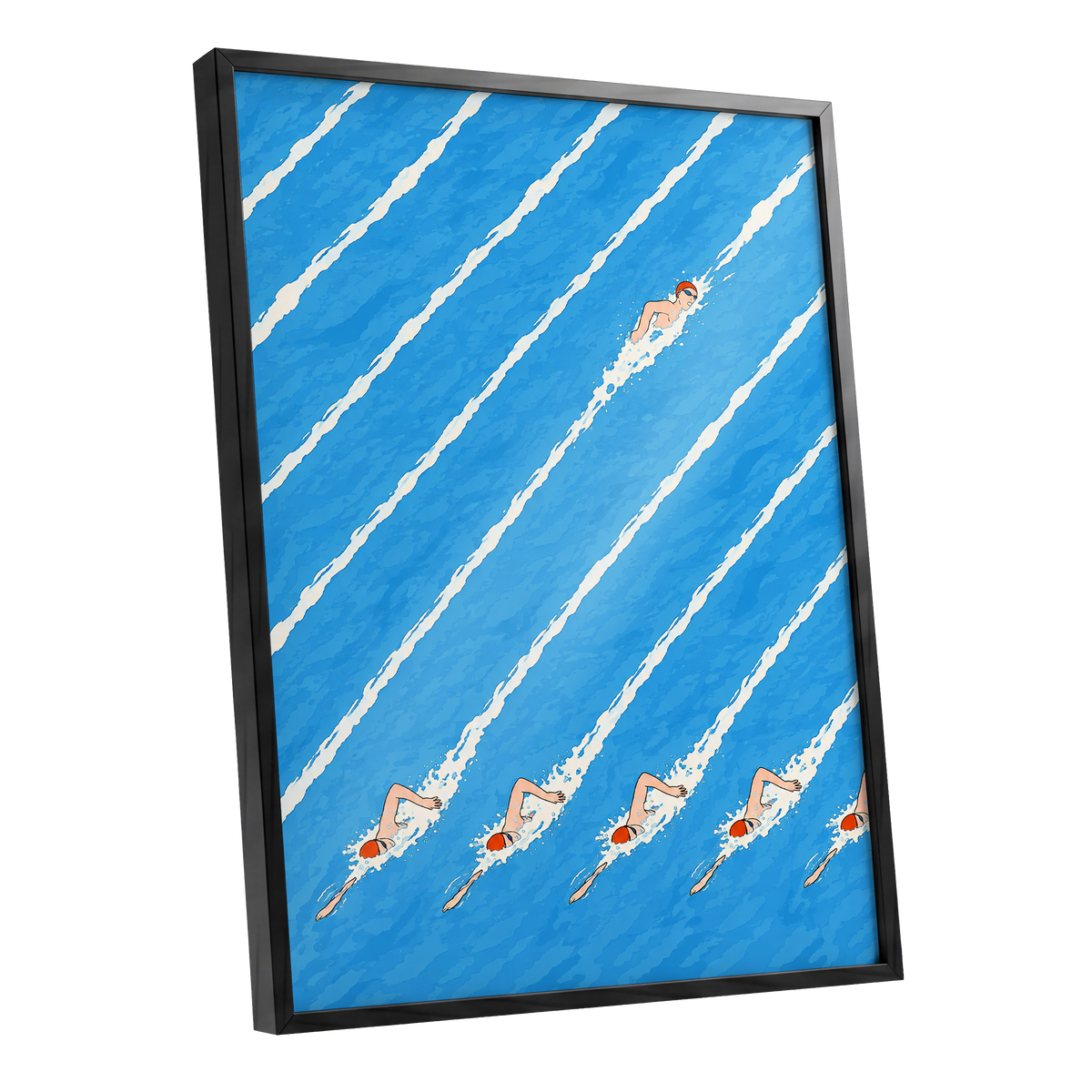 Countercurrent, blue, white, orange abstract wall art shown as a black framed poster wall art print