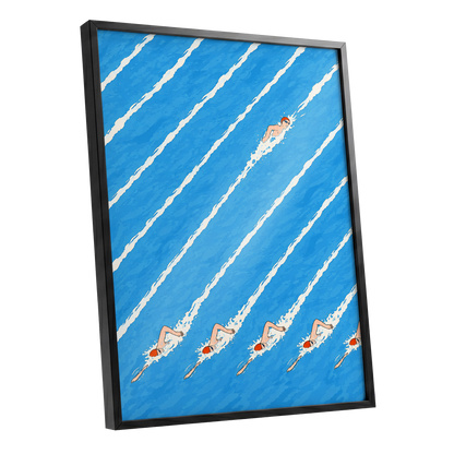 Countercurrent, blue, white, orange abstract wall art shown as a black framed poster wall art print