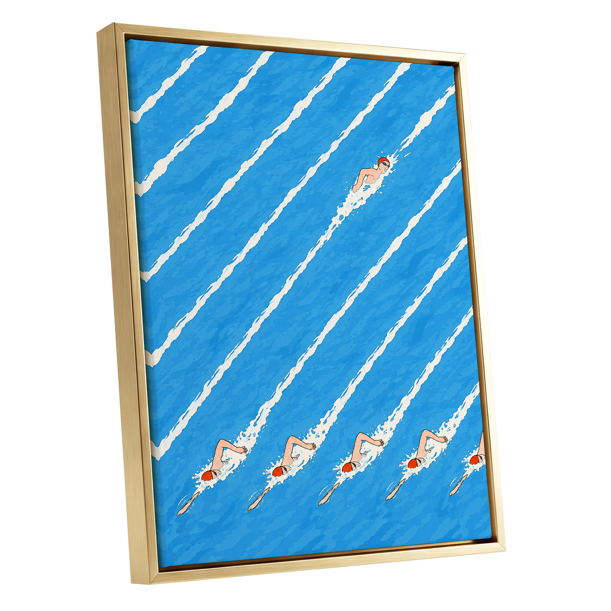 Countercurrent, blue, white, orange abstract wall art shown as a gold framed canvas wall art