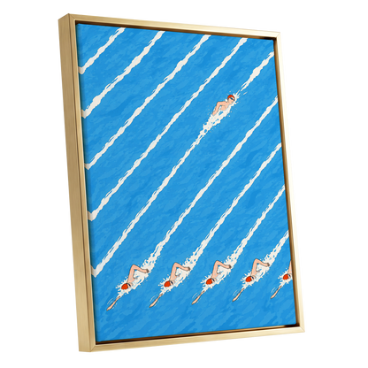 Countercurrent, blue, white, orange abstract wall art shown as a gold framed canvas wall art