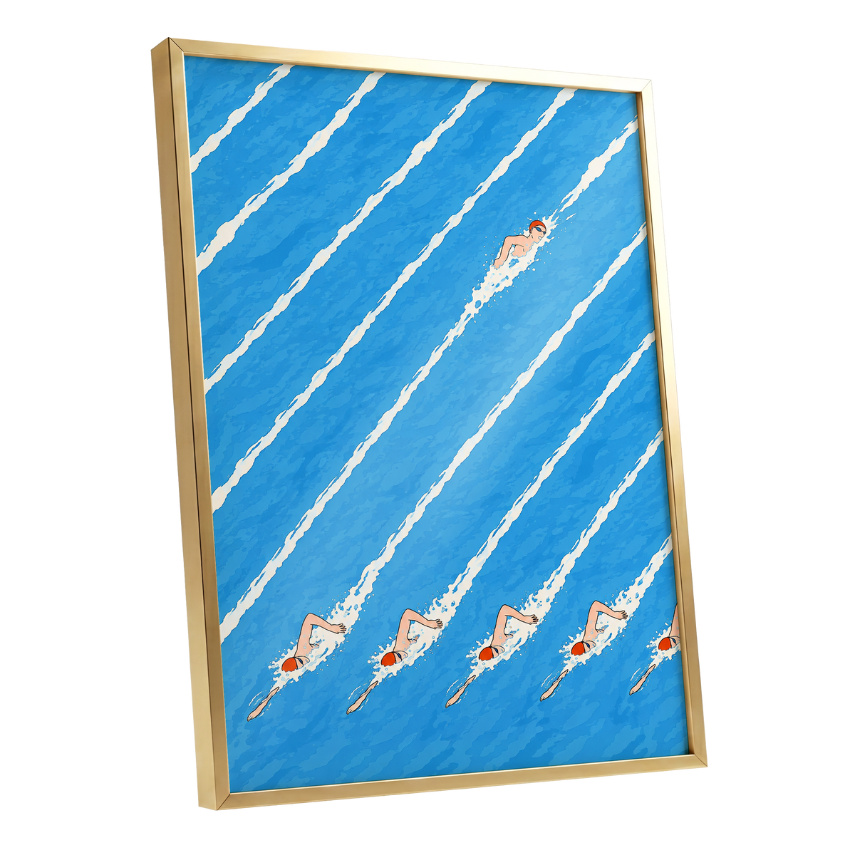 Countercurrent, blue, white, orange abstract wall art shown as a gold framed poster wall art print