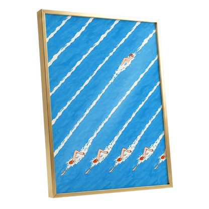 Countercurrent, blue, white, orange abstract wall art shown as a gold framed poster wall art print