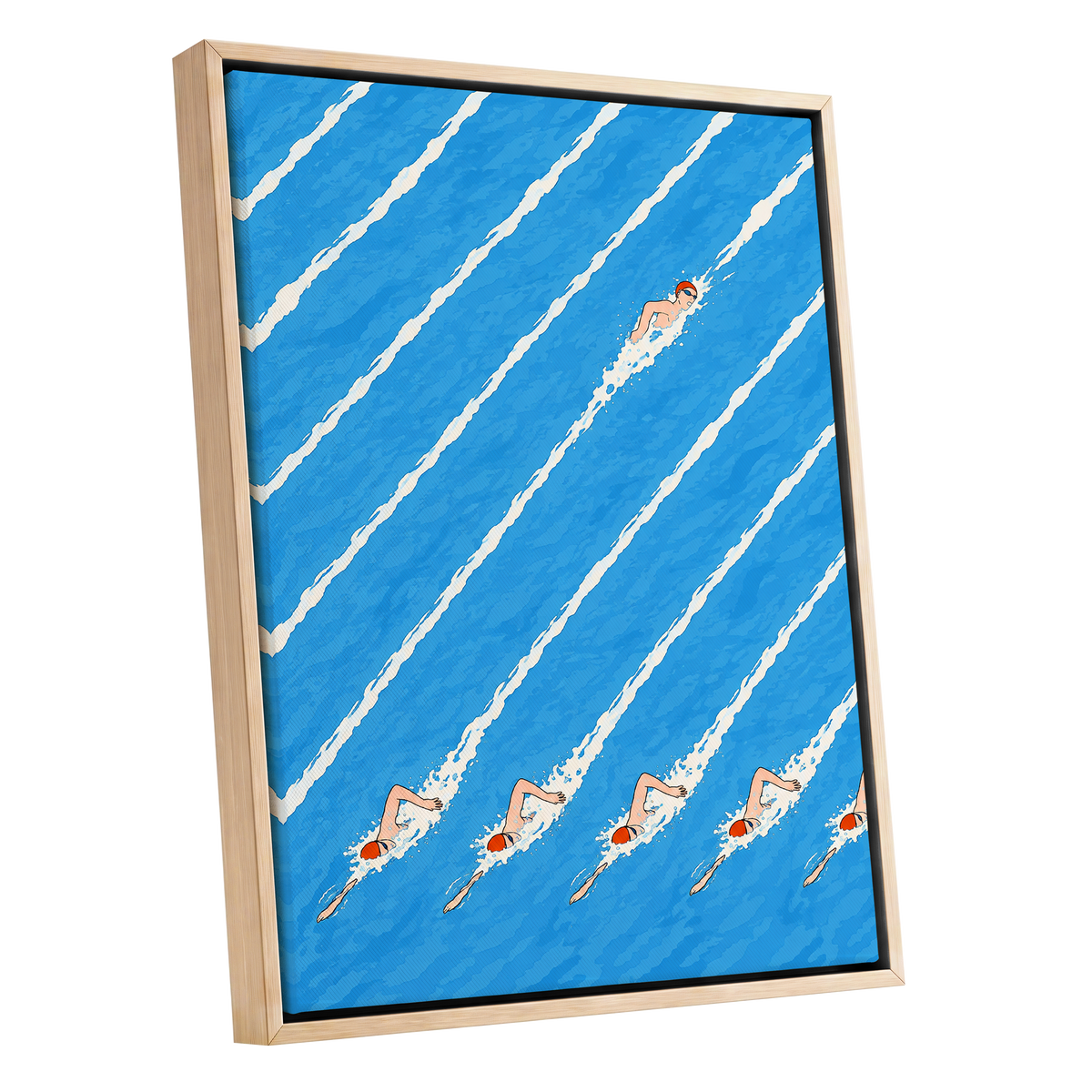 Countercurrent, blue, white, orange abstract wall art shown as a oak framed canvas wall art