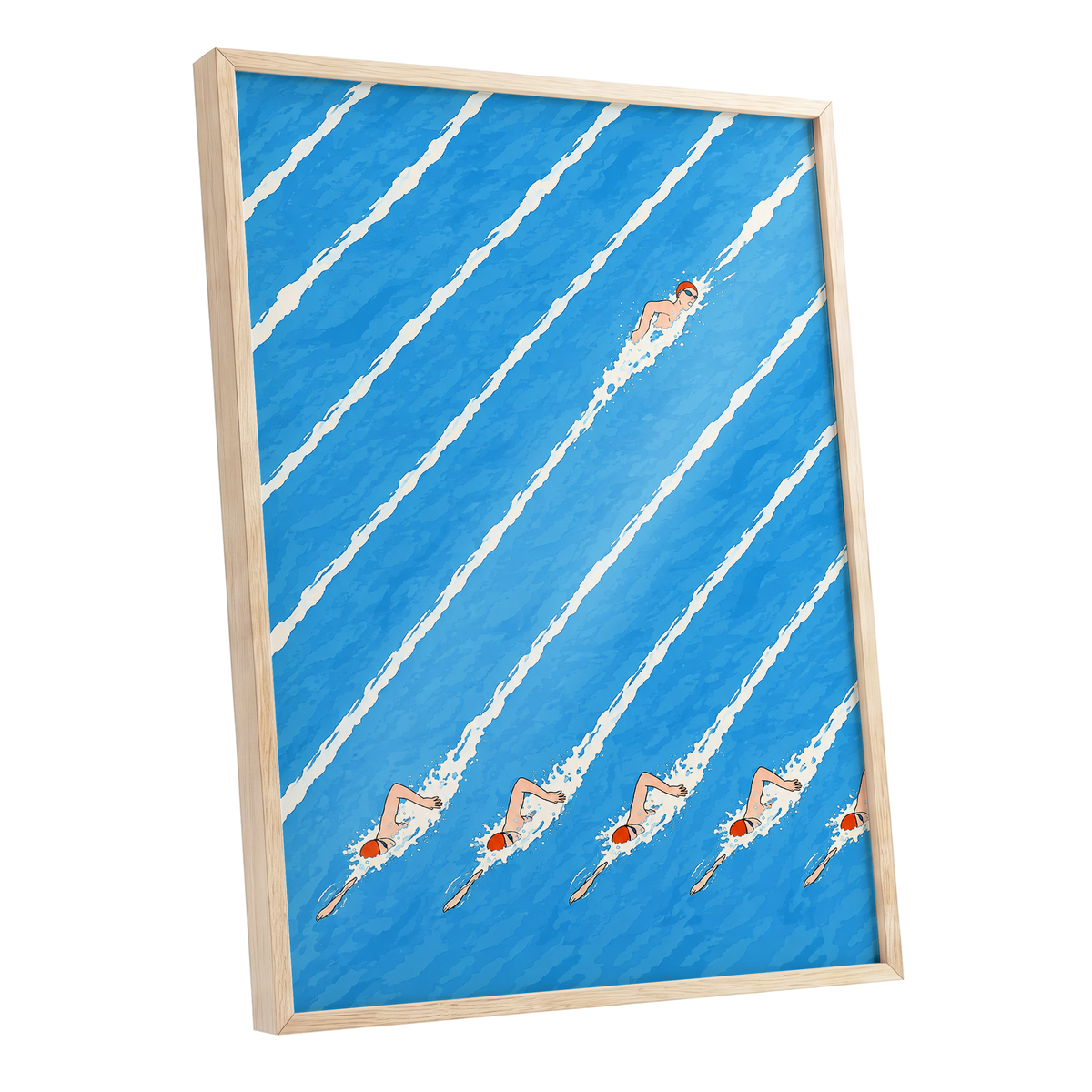Countercurrent, blue, white, orange abstract wall art shown as a oak framed poster wall art print