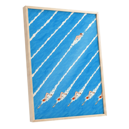 Countercurrent, blue, white, orange abstract wall art shown as a oak framed poster wall art print