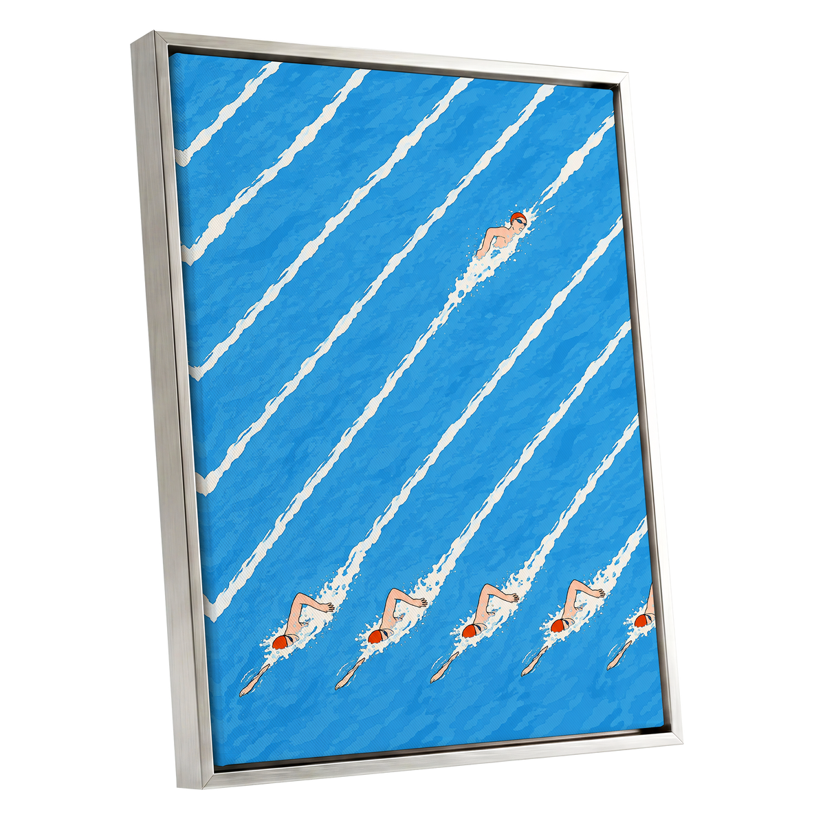 Countercurrent, blue, white, orange abstract wall art shown as a silver framed canvas wall art