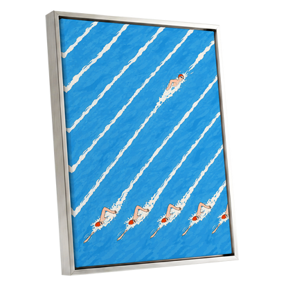 Countercurrent, blue, white, orange abstract wall art shown as a silver framed canvas wall art