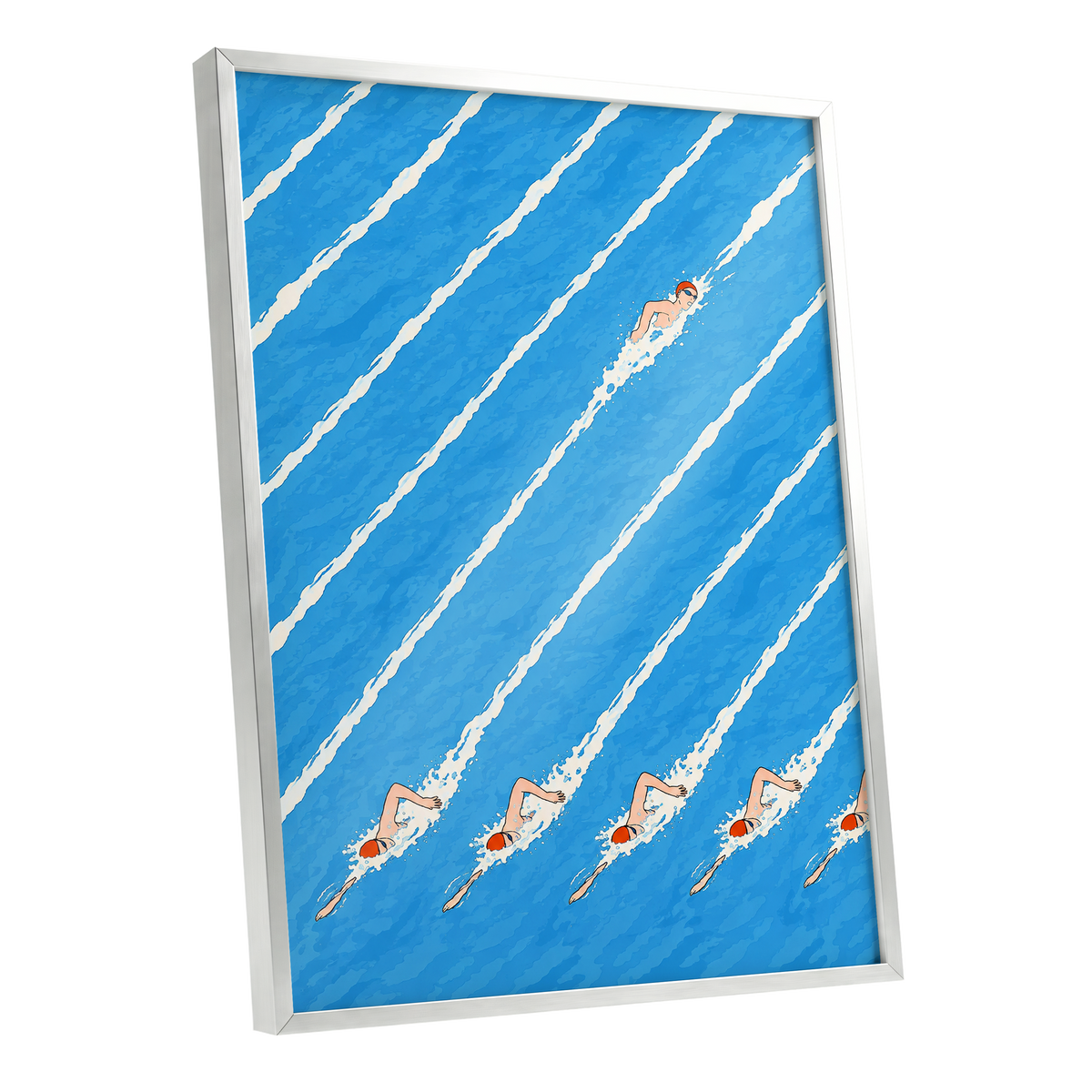 Countercurrent, blue, white, orange abstract wall art shown as a silver framed poster wall art print