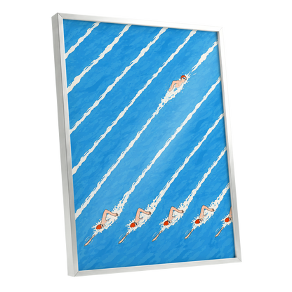 Countercurrent, blue, white, orange abstract wall art shown as a silver framed poster wall art print
