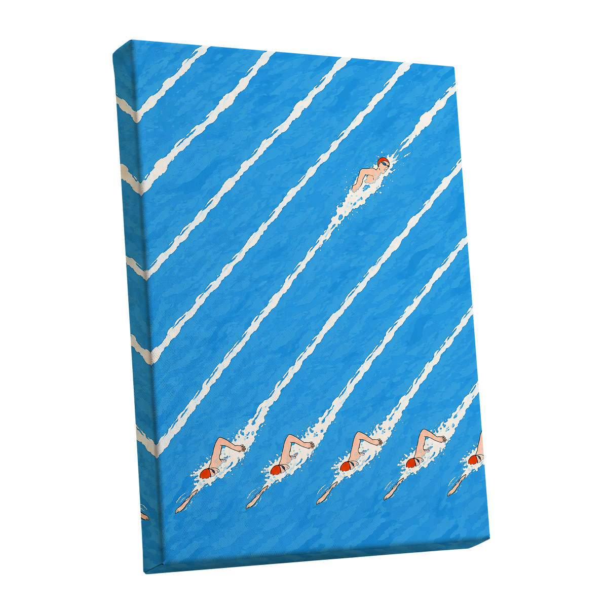 Countercurrent, blue, white, orange abstract wall art shown as a stretched canvas wall art