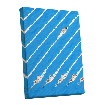 Countercurrent, blue, white, orange abstract wall art shown as a stretched canvas wall art