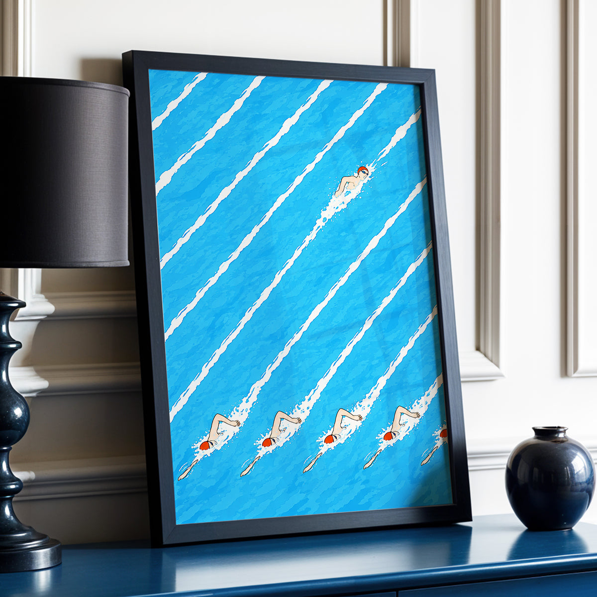 Countercurrent, blue, white, orange abstract wall art displayed in a styled interior, gallery view 2