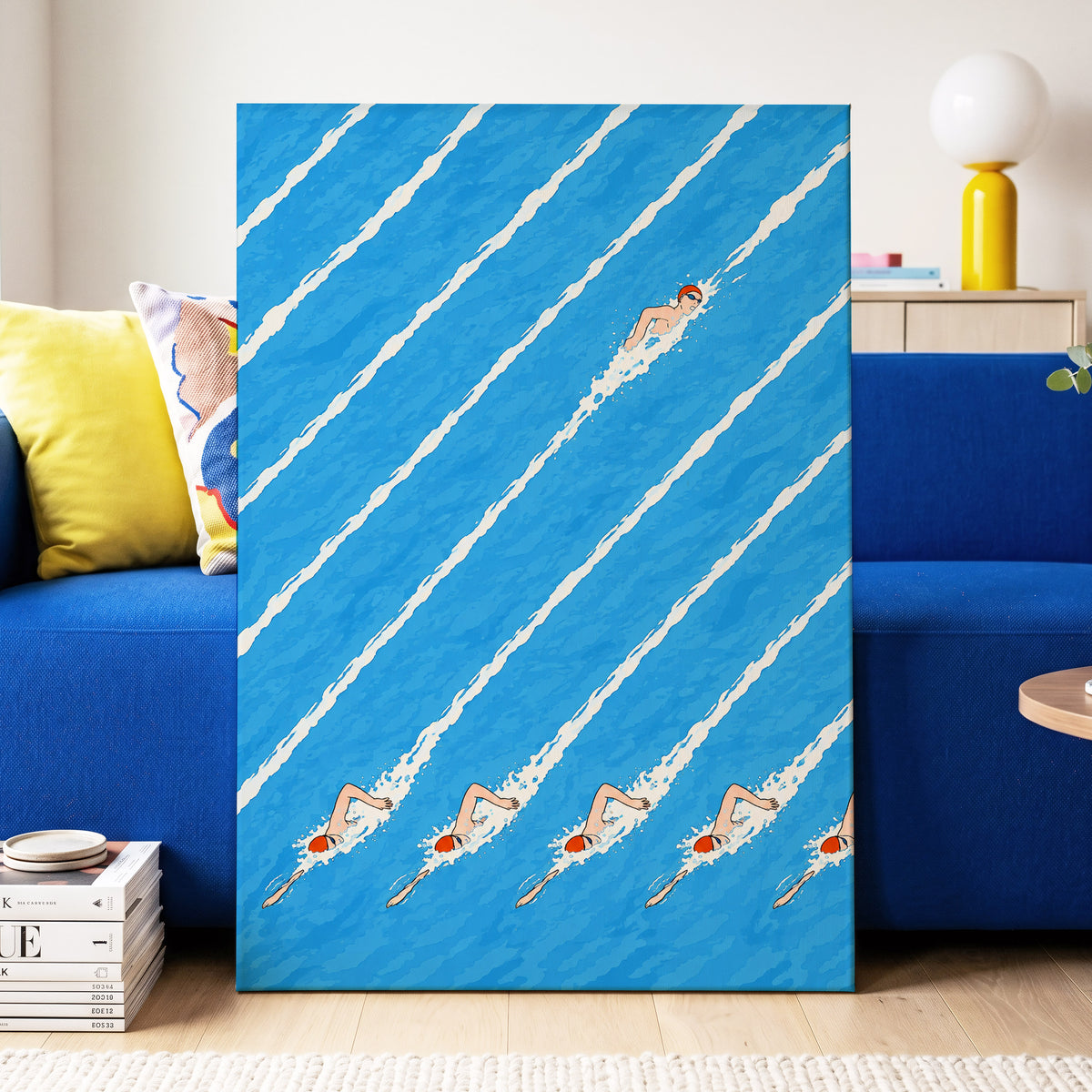 Countercurrent, blue, white, orange abstract wall art displayed in a styled interior, gallery view 3