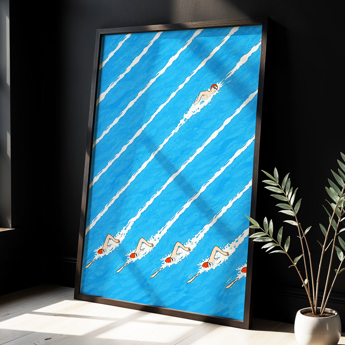 Countercurrent, blue, white, orange abstract wall art displayed in a styled interior, gallery view 6